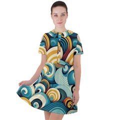 Waves Ocean Sea Abstract Whimsical (1) Short Sleeve Shoulder Cut Out Dress 