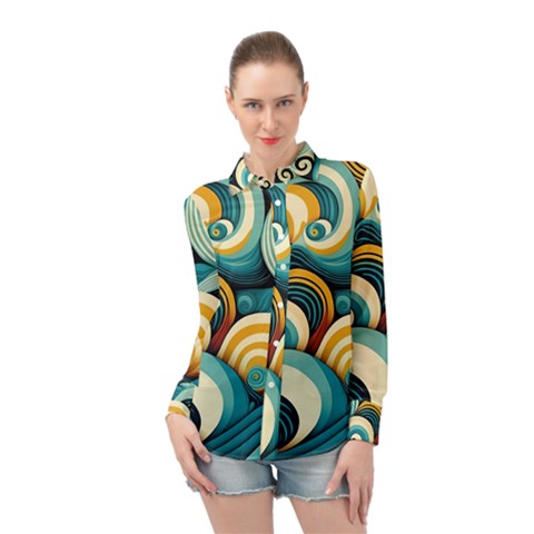 Waves Ocean Sea Abstract Whimsical (1) Long Sleeve Chiffon Shirt by Jancukart