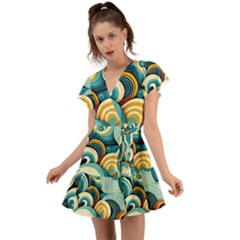 Waves Ocean Sea Abstract Whimsical (1) Flutter Sleeve Wrap Dress