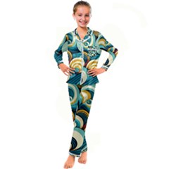 Waves Ocean Sea Abstract Whimsical (1) Kid s Satin Long Sleeve Pajamas Set by Jancukart