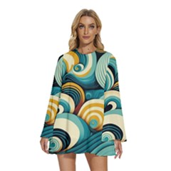 Waves Ocean Sea Abstract Whimsical (1) Round Neck Long Sleeve Bohemian Style Chiffon Mini Dress