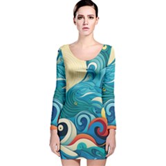 Waves Ocean Sea Abstract Whimsical (2) Long Sleeve Velvet Bodycon Dress