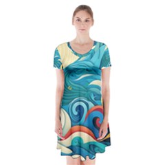 Waves Ocean Sea Abstract Whimsical (2) Short Sleeve V-neck Flare Dress