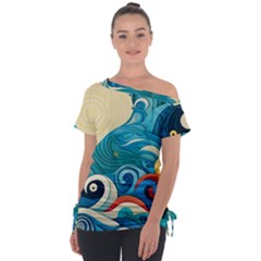 Waves Ocean Sea Abstract Whimsical (2) Off Shoulder Tie-up Tee