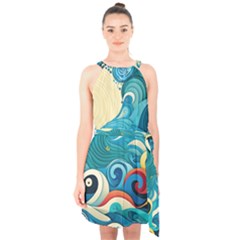 Waves Ocean Sea Abstract Whimsical (2) Halter Collar Waist Tie Chiffon Dress