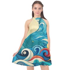 Waves Ocean Sea Abstract Whimsical (2) Halter Neckline Chiffon Dress 