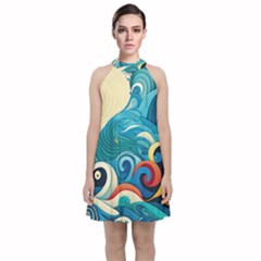 Waves Ocean Sea Abstract Whimsical (2) Velvet Halter Neckline Dress  by Jancukart