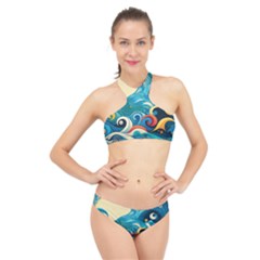 Waves Ocean Sea Abstract Whimsical (2) High Neck Bikini Set