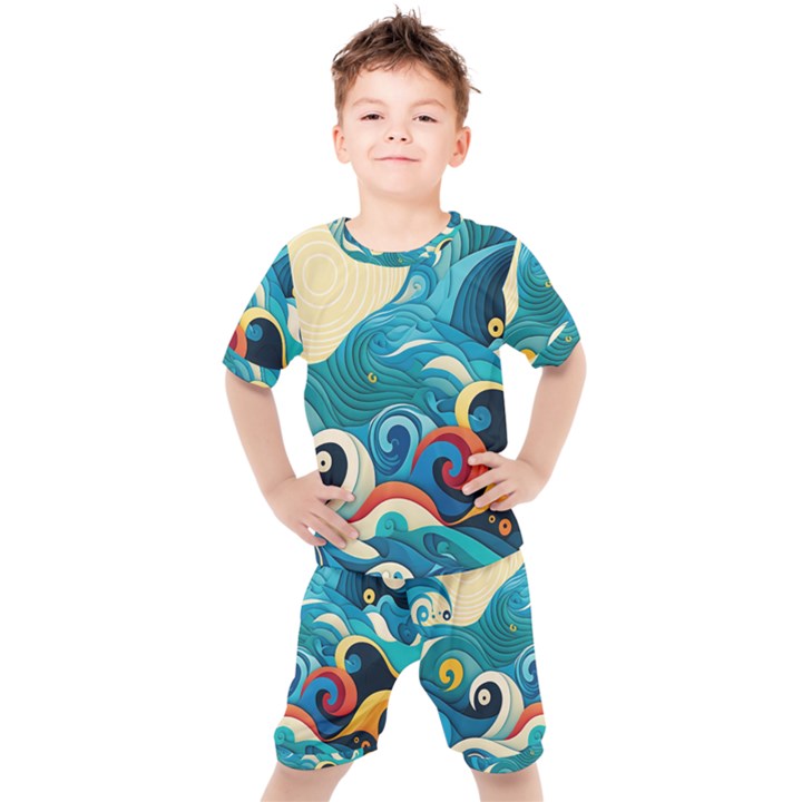 Waves Ocean Sea Abstract Whimsical (2) Kids  Tee and Shorts Set