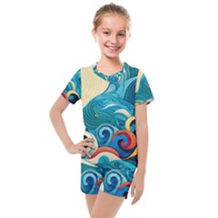 Waves Ocean Sea Abstract Whimsical (2) Kids  Mesh Tee And Shorts Set