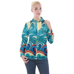 Waves Ocean Sea Abstract Whimsical (2) Women s Long Sleeve Pocket Shirt