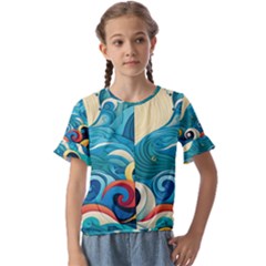 Waves Ocean Sea Abstract Whimsical (2) Kids  Cuff Sleeve Scrunch Bottom Tee