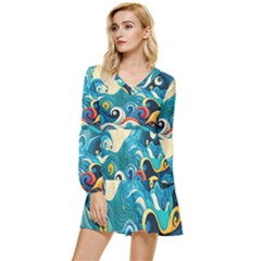 Waves Ocean Sea Abstract Whimsical (2) Tiered Long Sleeve Mini Dress by Jancukart