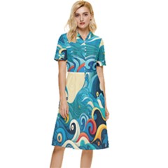 Waves Ocean Sea Abstract Whimsical (2) Button Top Knee Length Dress by Jancukart