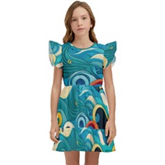 Waves Ocean Sea Abstract Whimsical (2) Kids  Winged Sleeve Dress