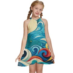 Waves Ocean Sea Abstract Whimsical (2) Kids  Halter Collar Waist Tie Chiffon Dress by Jancukart