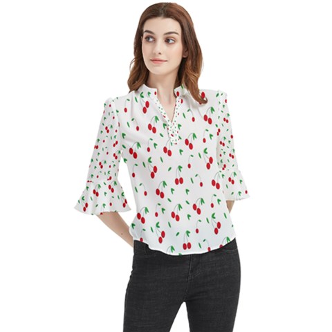 Cherries Loose Horn Sleeve Chiffon Blouse by nateshop