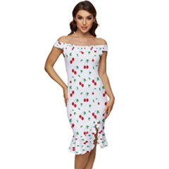 Cherries Off Shoulder Ruffle Split Hem Bodycon Dress by nateshop