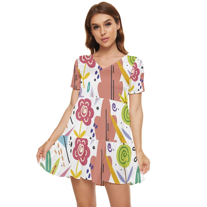 Flowers-101 Tiered Short Sleeve Babydoll Dress