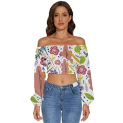 Flowers-101 Long Sleeve Crinkled Weave Crop Top