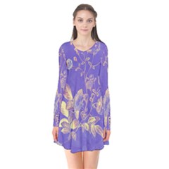 Flowers-103 Long Sleeve V-neck Flare Dress by nateshop