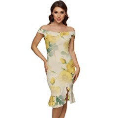 Flowers-104 Off Shoulder Ruffle Split Hem Bodycon Dress by nateshop