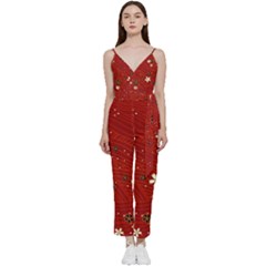 Flowers-106 V-neck Spaghetti Strap Tie Front Jumpsuit by nateshop