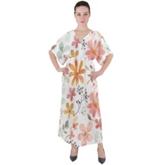 Flowers-107 V-neck Boho Style Maxi Dress by nateshop