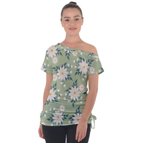 Flowers-108 Off Shoulder Tie-up Tee by nateshop