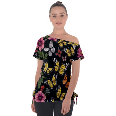 Flowers-109 Off Shoulder Tie-up Tee by nateshop