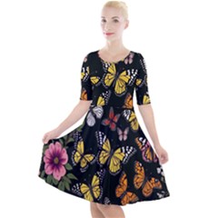 Flowers-109 Quarter Sleeve A-line Dress by nateshop