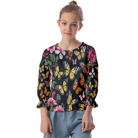 Flowers-109 Kids  Cuff Sleeve Top by nateshop