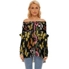 Flowers-109 Off Shoulder Chiffon Pocket Shirt by nateshop