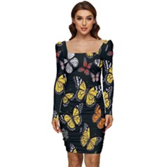 Flowers-109 Women Long Sleeve Ruched Stretch Jersey Dress by nateshop