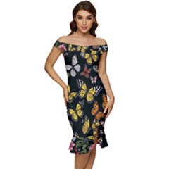 Flowers-109 Off Shoulder Ruffle Split Hem Bodycon Dress by nateshop