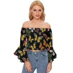 Flowers-109 Off Shoulder Flutter Bell Sleeve Top by nateshop