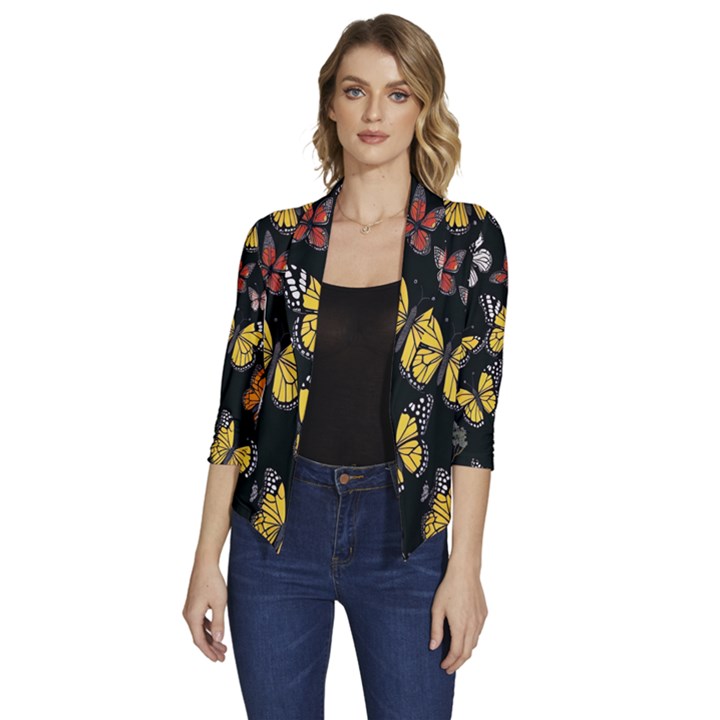 Flowers-109 Women s Draped Front 3/4 Sleeve Shawl Collar Jacket