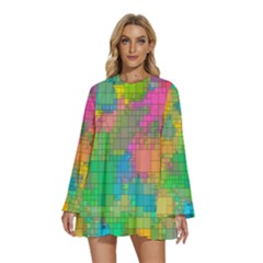 Pixel-79 Round Neck Long Sleeve Bohemian Style Chiffon Mini Dress