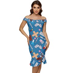 Medicine Pattern Off Shoulder Ruffle Split Hem Bodycon Dress by SychEva