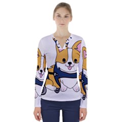 Puppy Cartoon Corgi V-neck Long Sleeve Top by Semog4