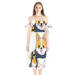 Puppy Cartoon Corgi Shoulder Tie Bardot Midi Dress by Semog4