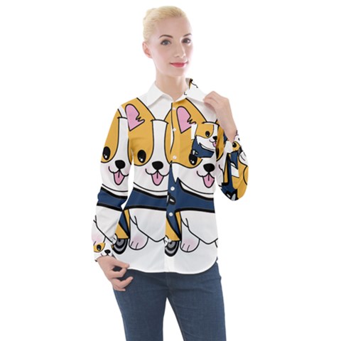 Puppy Cartoon Corgi Women s Long Sleeve Pocket Shirt by Semog4