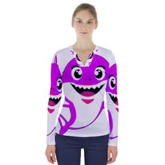 Purple Shark Fish V-neck Long Sleeve Top by Semog4