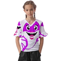 Purple Shark Fish Kids  V-neck Horn Sleeve Blouse