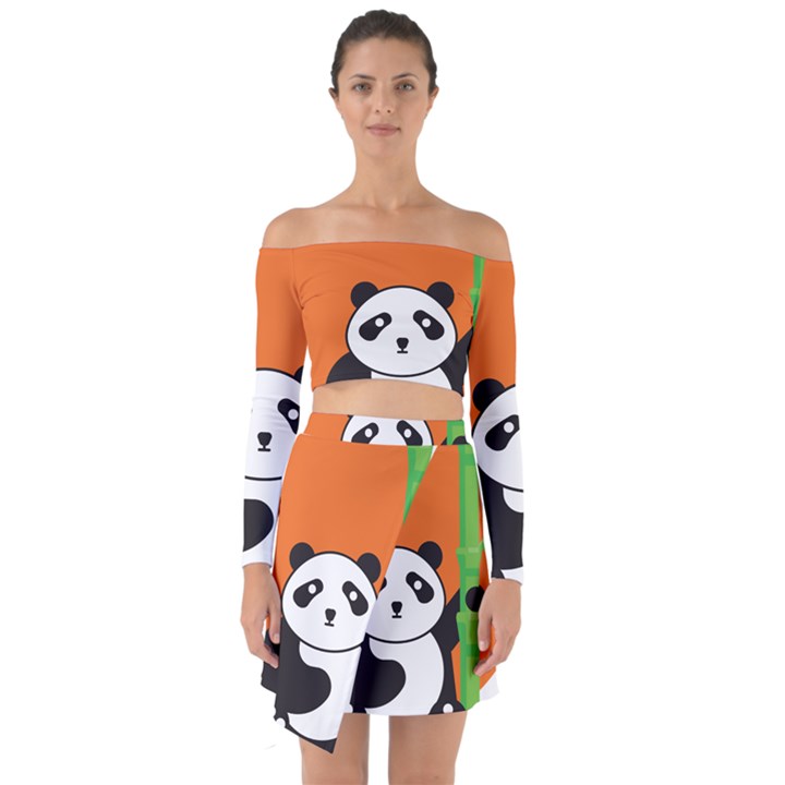 Panda Animal Orange Sun Nature Off Shoulder Top with Skirt Set