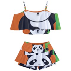 Panda Animal Orange Sun Nature Kids  Off Shoulder Skirt Bikini by Semog4