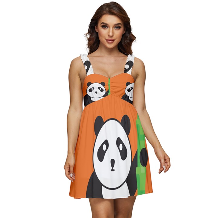 Panda Animal Orange Sun Nature Ruffle Strap Babydoll Chiffon Dress