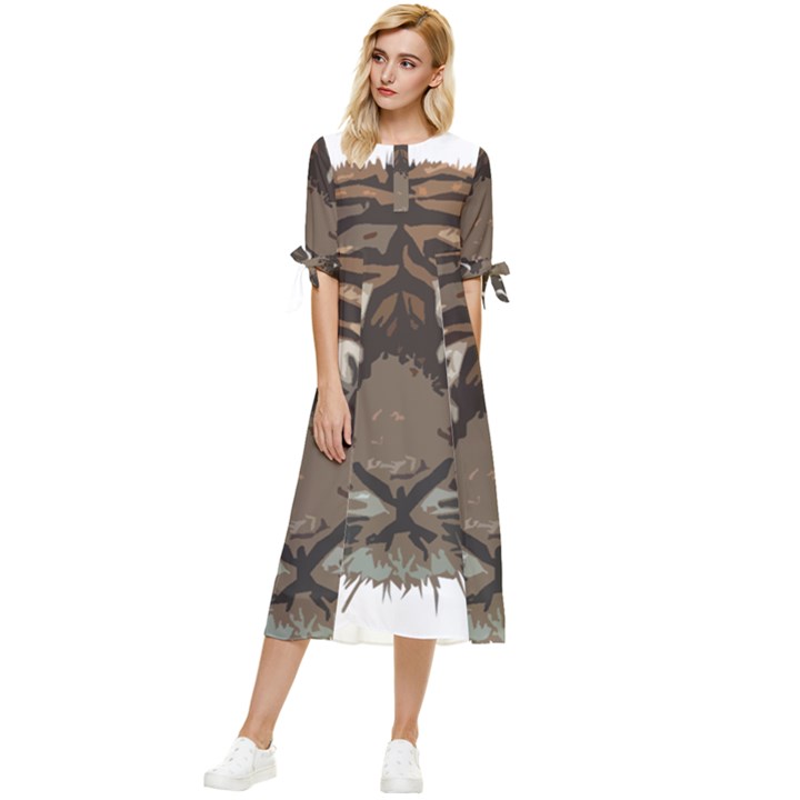 Tiger Comic Cartoon Animal Bow Sleeve Chiffon Midi Dress