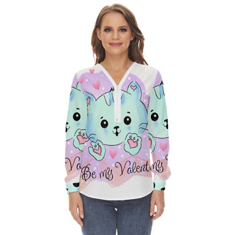 Cat Valentine-s Day Valentine Zip Up Long Sleeve Blouse by Semog4