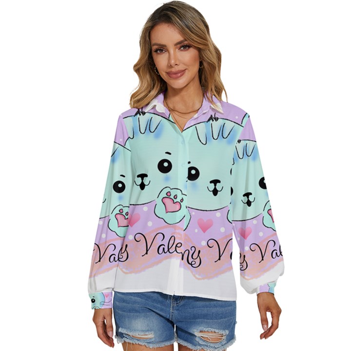 Cat Valentine-s Day Valentine Women s Long Sleeve Button Down Shirt